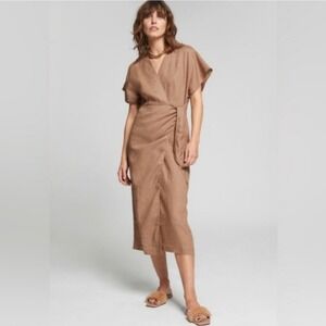 & Other Stories Midi Wrap Dress Size‎ 4 Beige Tan Tie Waist Minimalist Linen